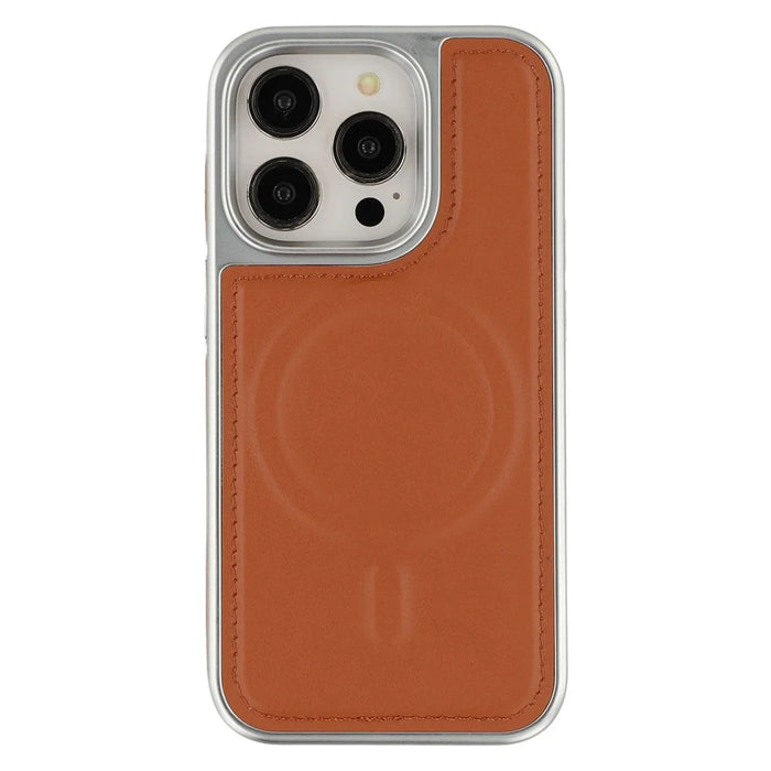 For iPhone 14 Pro Case Compatible with MagSafe Electroplating Edge PU + TPU + PC Phone Back Cover - Brown - 3