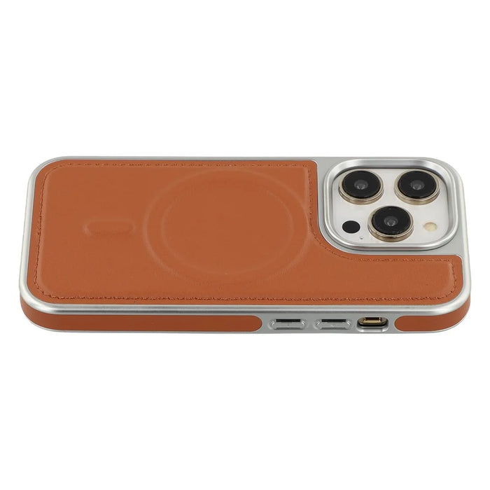 For iPhone 14 Pro Case Compatible with MagSafe Electroplating Edge PU + TPU + PC Phone Back Cover - Brown - 4