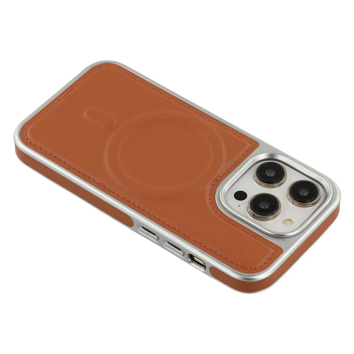 For iPhone 14 Pro Case Compatible with MagSafe Electroplating Edge PU + TPU + PC Phone Back Cover - Brown - 5