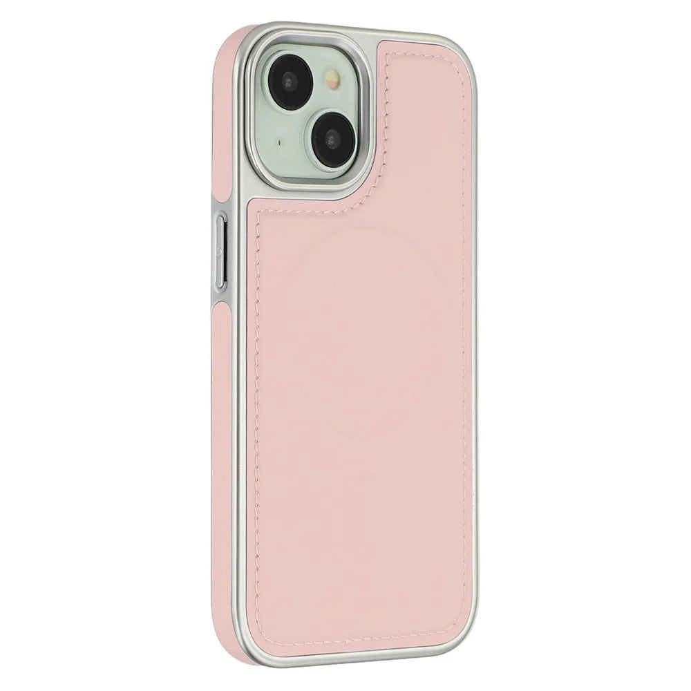 For iPhone 15 Case Compatible with MagSafe Electroplating Edge PU + TPU + PC Phone Back Cover - Pink - 1