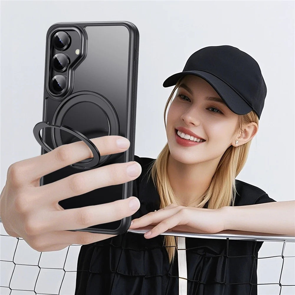 For Samsung Galaxy S25+ Magnetic Case Rotating Gear Pivot Kickstand PC + TPU Phone Back Cover - Matte Black - 2