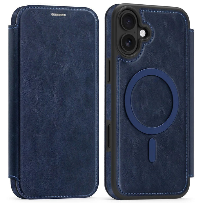 For iPhone 16 Plus Case Compatible with MagSafe RFID Blocking Card Holder Leather Phone Cover - Sapphire - 1