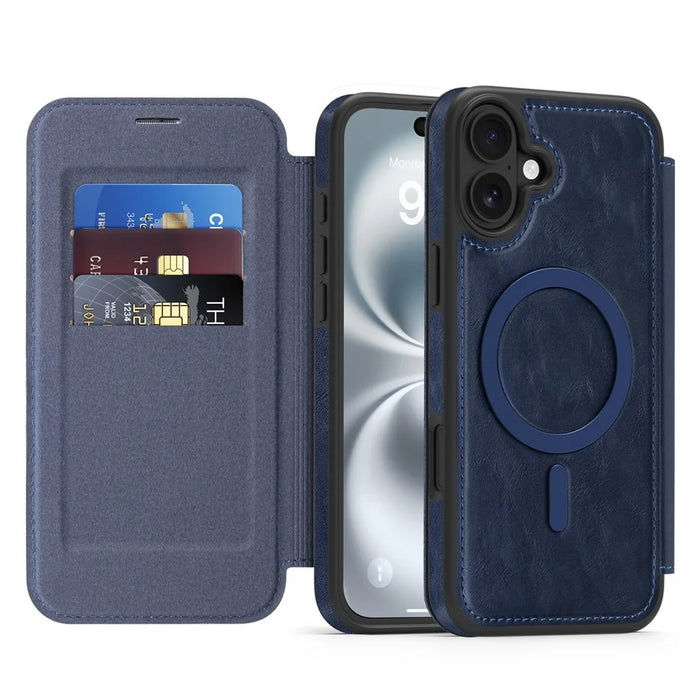 For iPhone 16 Plus Case Compatible with MagSafe RFID Blocking Card Holder Leather Phone Cover - Sapphire - 2