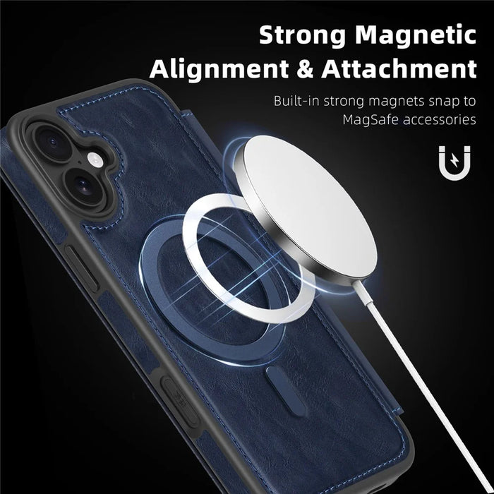 For iPhone 16 Plus Case Compatible with MagSafe RFID Blocking Card Holder Leather Phone Cover - Sapphire - 3