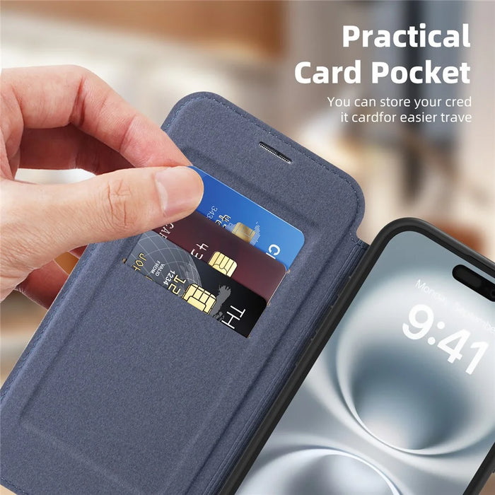 For iPhone 16 Plus Case Compatible with MagSafe RFID Blocking Card Holder Leather Phone Cover - Sapphire - 4