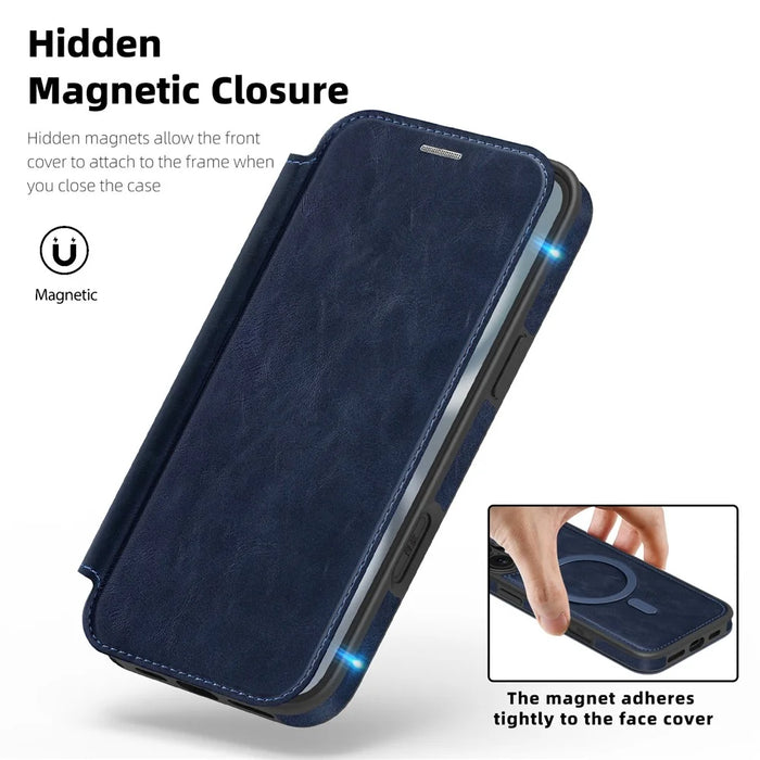 For iPhone 16 Plus Case Compatible with MagSafe RFID Blocking Card Holder Leather Phone Cover - Sapphire - 5