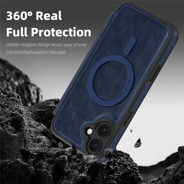 For iPhone 16 Plus Case Compatible with MagSafe RFID Blocking Card Holder Leather Phone Cover - Sapphire - 7