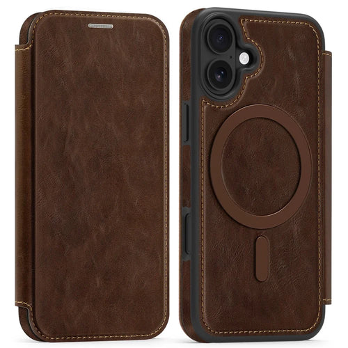 For iPhone 16 Case Compatible with MagSafe RFID Blocking Card Holder Leather Phone Cover - Coffee - 1