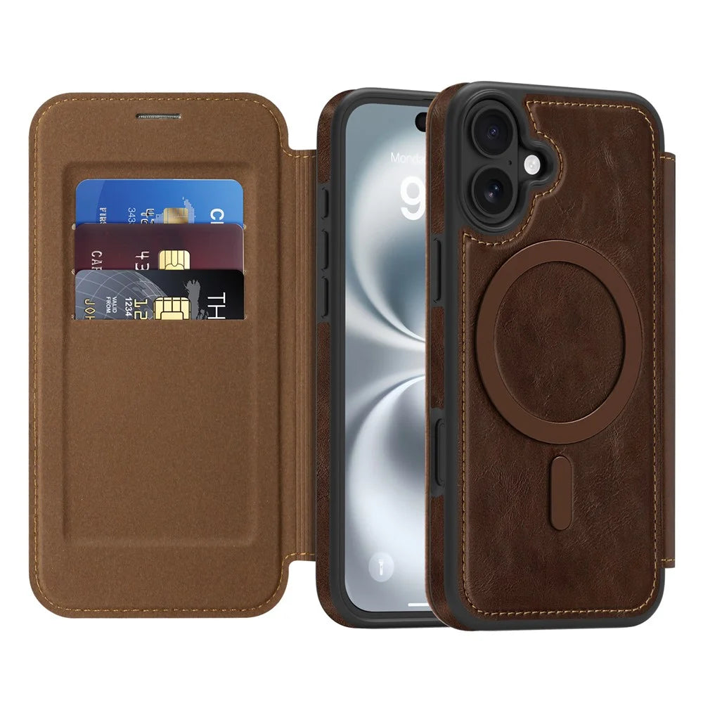 For iPhone 16 Case Compatible with MagSafe RFID Blocking Card Holder Leather Phone Cover - Coffee - 2