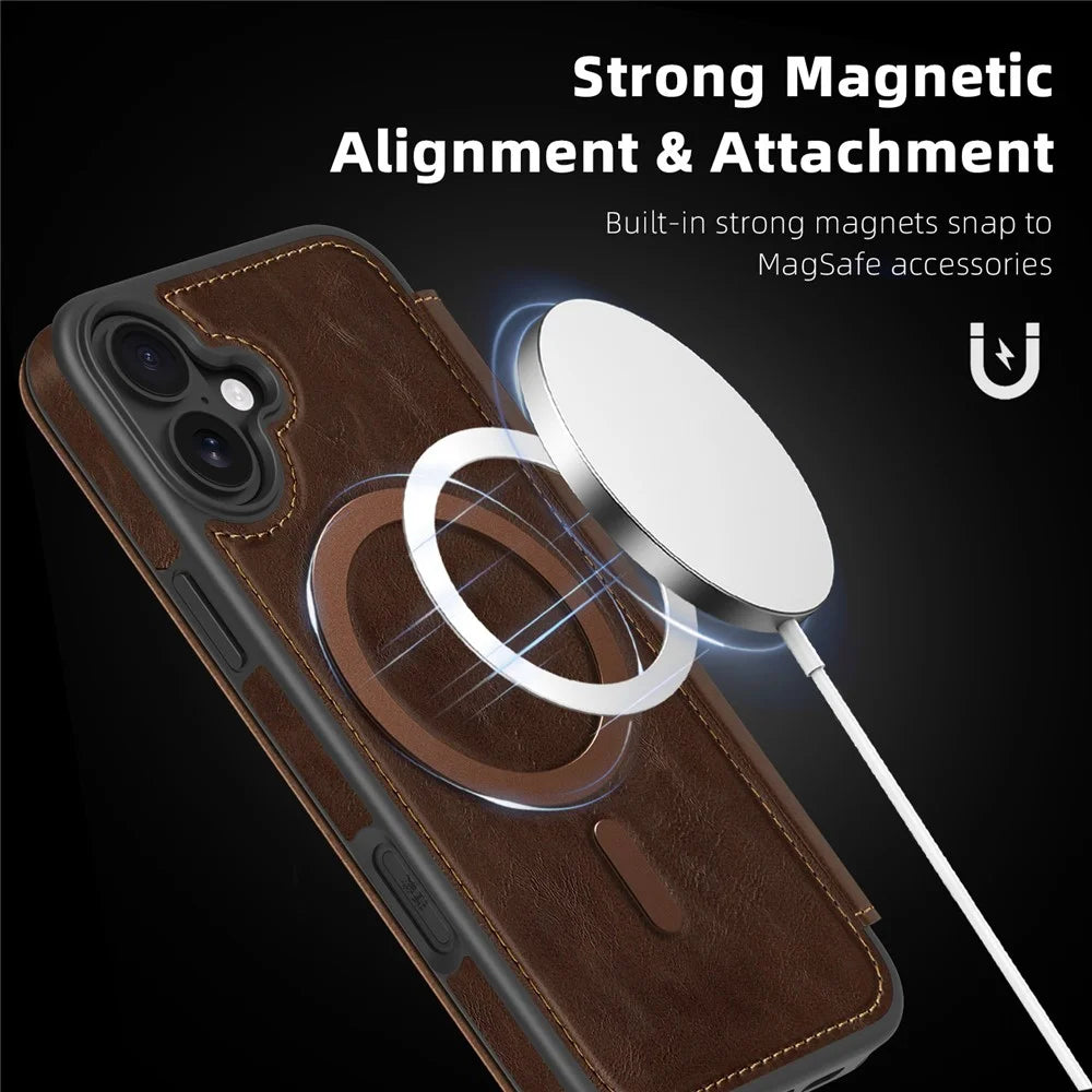 For iPhone 16 Case Compatible with MagSafe RFID Blocking Card Holder Leather Phone Cover - Coffee - 3