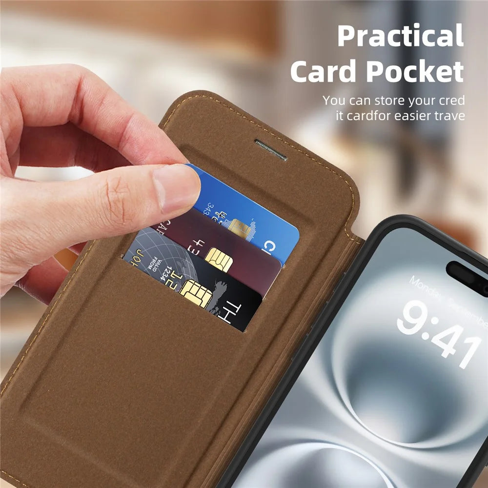 For iPhone 16 Case Compatible with MagSafe RFID Blocking Card Holder Leather Phone Cover - Coffee - 4