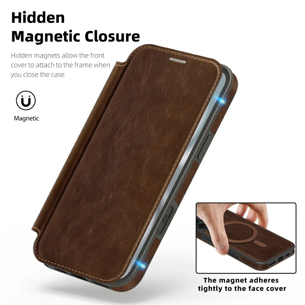 For iPhone 16 Case Compatible with MagSafe RFID Blocking Card Holder Leather Phone Cover - Coffee - 5
