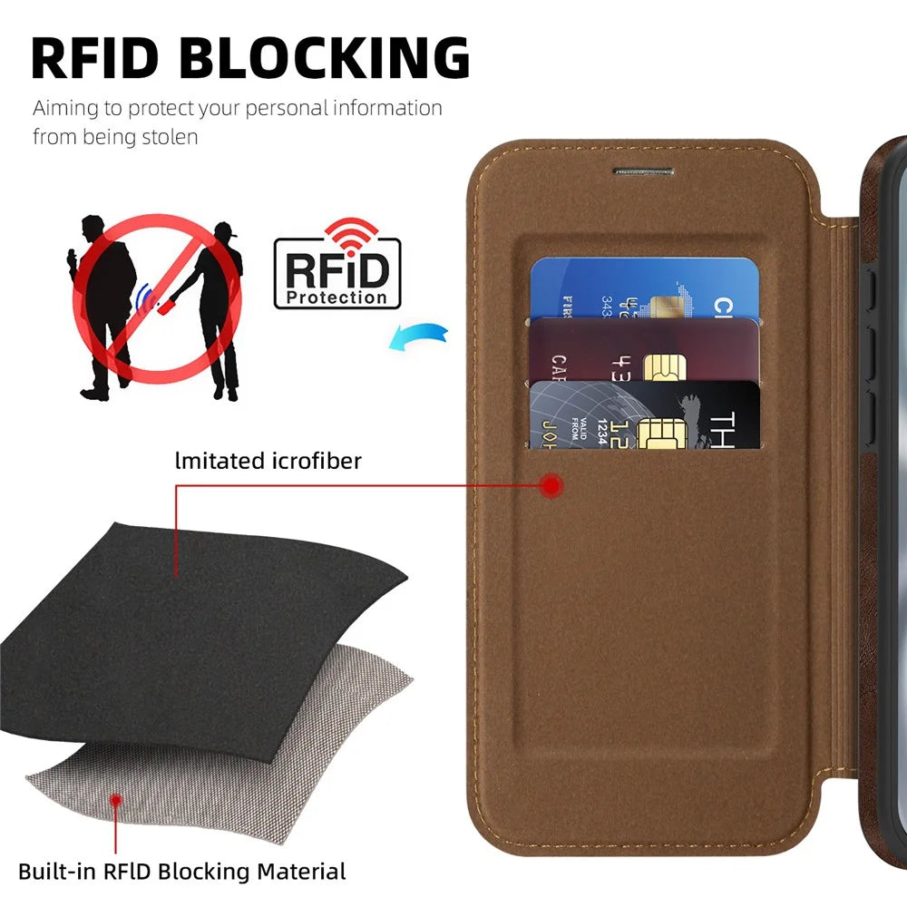 For iPhone 16 Case Compatible with MagSafe RFID Blocking Card Holder Leather Phone Cover - Coffee - 6