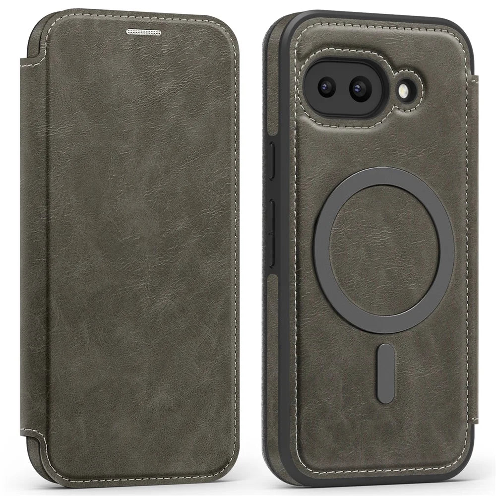 For Google Pixel 9a Magnetic Case RFID Blocking Card Holder Leather Phone Cover - Titanium Grey - 1
