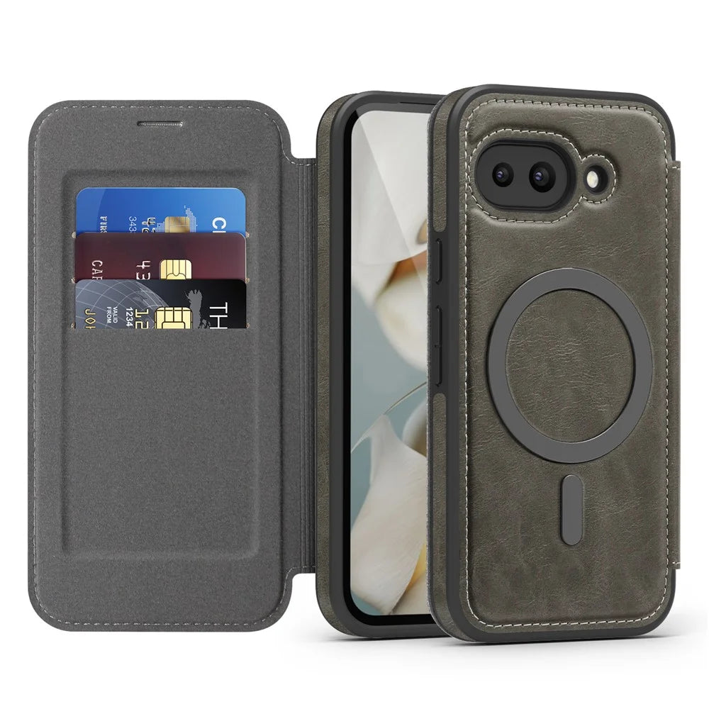 For Google Pixel 9a Magnetic Case RFID Blocking Card Holder Leather Phone Cover - Titanium Grey - 2