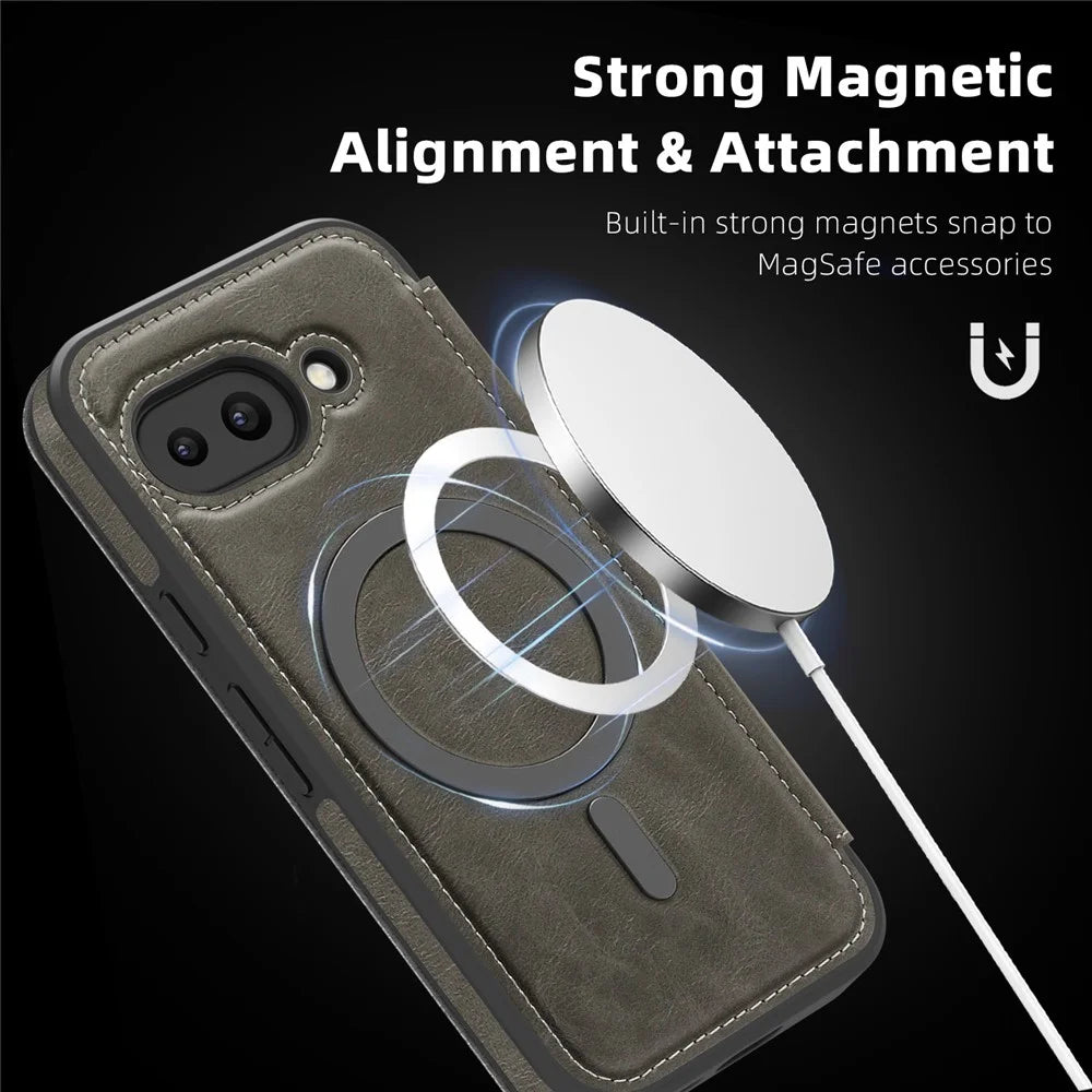 For Google Pixel 9a Magnetic Case RFID Blocking Card Holder Leather Phone Cover - Titanium Grey - 3