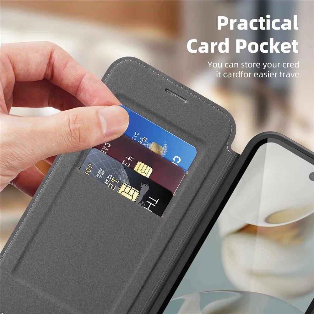 For Google Pixel 9a Magnetic Case RFID Blocking Card Holder Leather Phone Cover - Titanium Grey - 4