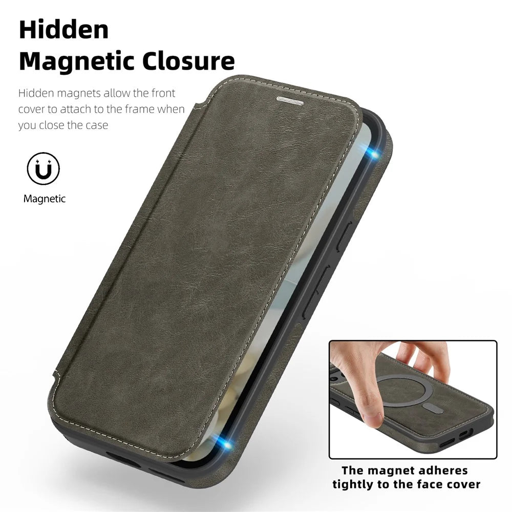 For Google Pixel 9a Magnetic Case RFID Blocking Card Holder Leather Phone Cover - Titanium Grey - 5