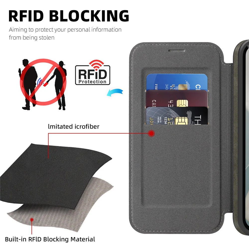 For Google Pixel 9a Magnetic Case RFID Blocking Card Holder Leather Phone Cover - Titanium Grey - 6
