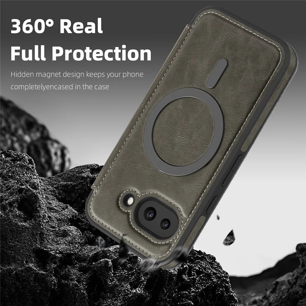 For Google Pixel 9a Magnetic Case RFID Blocking Card Holder Leather Phone Cover - Titanium Grey - 7