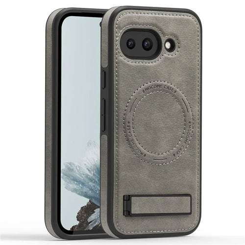 For Google Pixel 9a Magnetic Case with Folded Kickstand PC Silicone Leather Phone Back Cover - Grey - 1