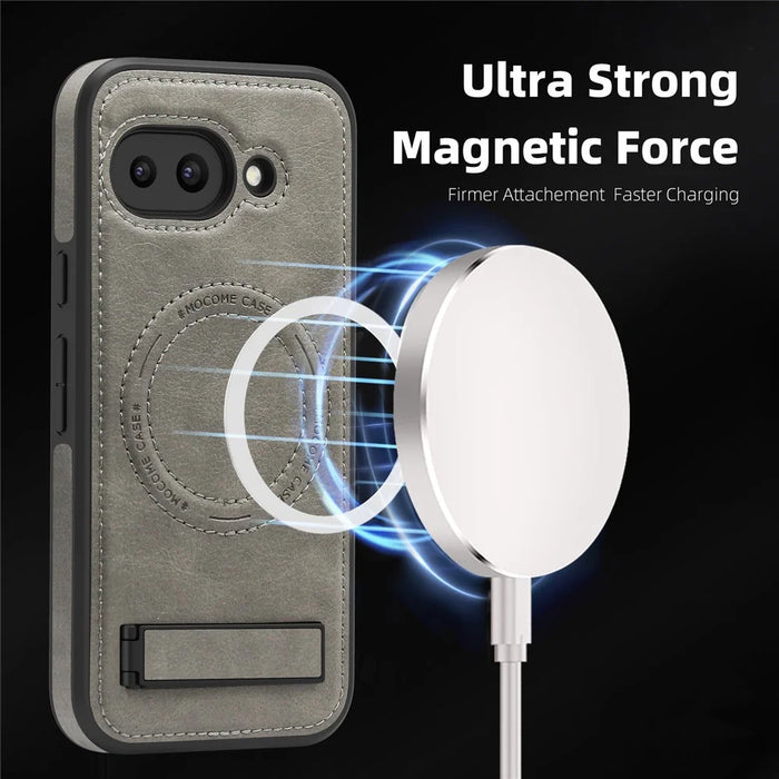 For Google Pixel 9a Magnetic Case with Folded Kickstand PC Silicone Leather Phone Back Cover - Grey - 2