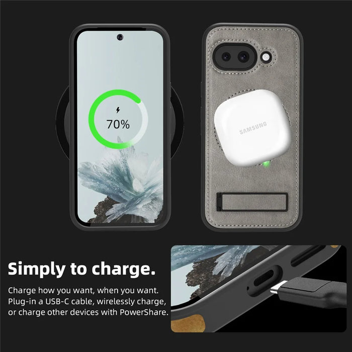 For Google Pixel 9a Magnetic Case with Folded Kickstand PC Silicone Leather Phone Back Cover - Grey - 3