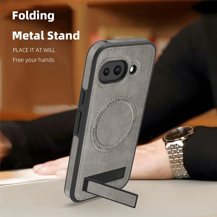 For Google Pixel 9a Magnetic Case with Folded Kickstand PC Silicone Leather Phone Back Cover - Grey - 4