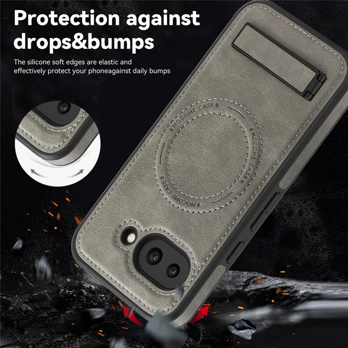 For Google Pixel 9a Magnetic Case with Folded Kickstand PC Silicone Leather Phone Back Cover - Grey - 6