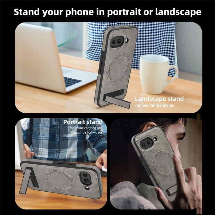 For Google Pixel 9a Magnetic Case with Folded Kickstand PC Silicone Leather Phone Back Cover - Grey - 7