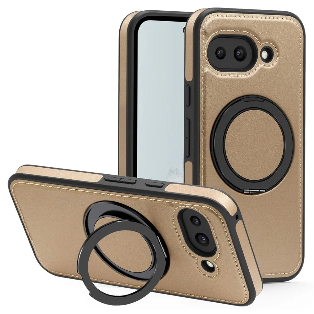 For Google Pixel 9a Case with Ring Kickstand Magnetic Case PU Leather Back Cover - Desert Gold - 1