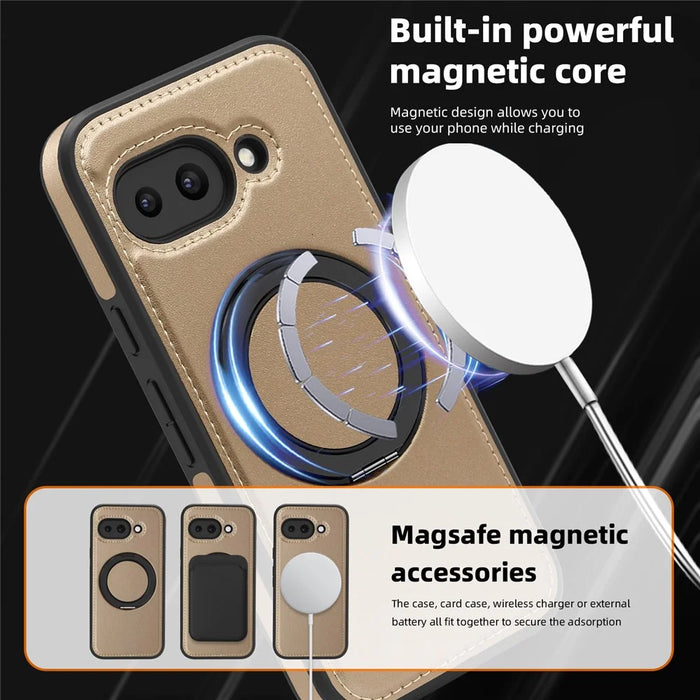 For Google Pixel 9a Case with Ring Kickstand Magnetic Case PU Leather Back Cover - Desert Gold - 7