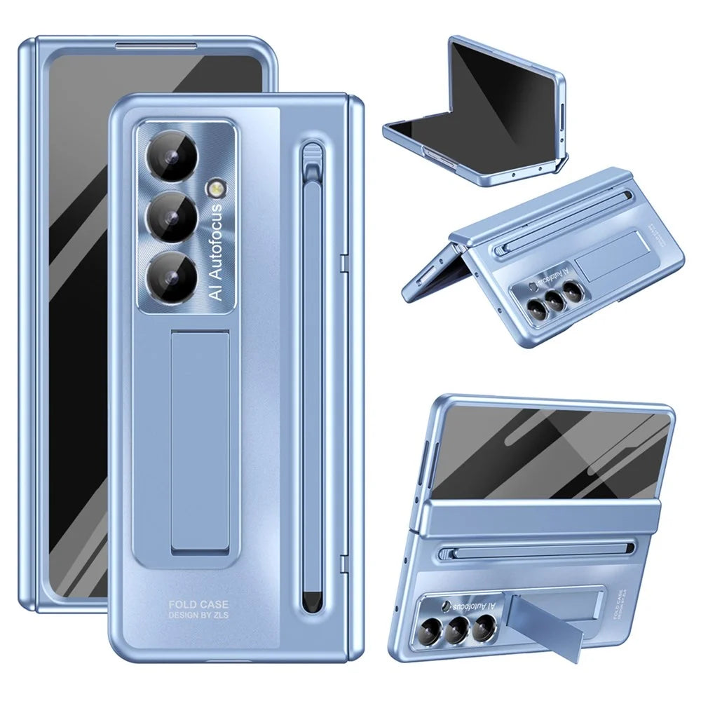 For Samsung Galaxy Z Fold7 5G Case Kickstand Hinge PC Phone Cover with Tempered Glass Film, Stylus - Blue - 1