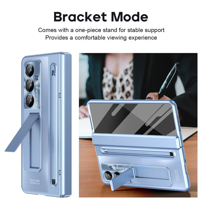 For Samsung Galaxy Z Fold7 5G Case Kickstand Hinge PC Phone Cover with Tempered Glass Film, Stylus - Blue - 6