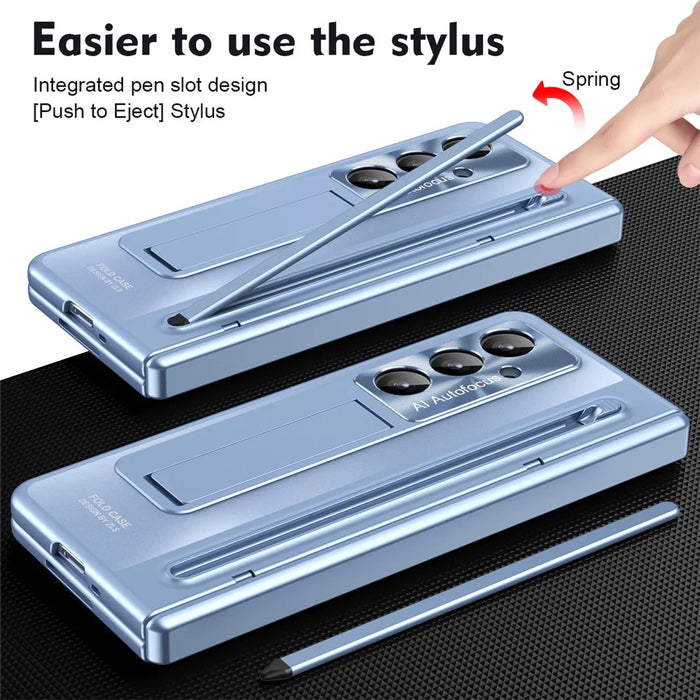 For Samsung Galaxy Z Fold7 5G Case Kickstand Hinge PC Phone Cover with Tempered Glass Film, Stylus - Blue - 7