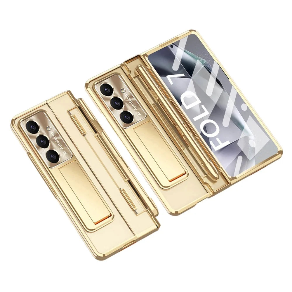 For Samsung Galaxy Z Fold7 5G Case Kickstand Hard PC Phone Cover with Screen Film / Stylus - Champagne Gold - 1