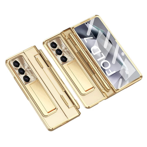 For Samsung Galaxy Z Fold7 5G Case Kickstand Hard PC Phone Cover with Screen Film / Stylus - Champagne Gold - 1