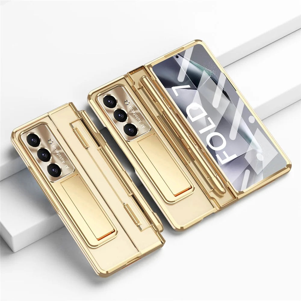 For Samsung Galaxy Z Fold7 5G Case Kickstand Hard PC Phone Cover with Screen Film / Stylus - Champagne Gold - 2