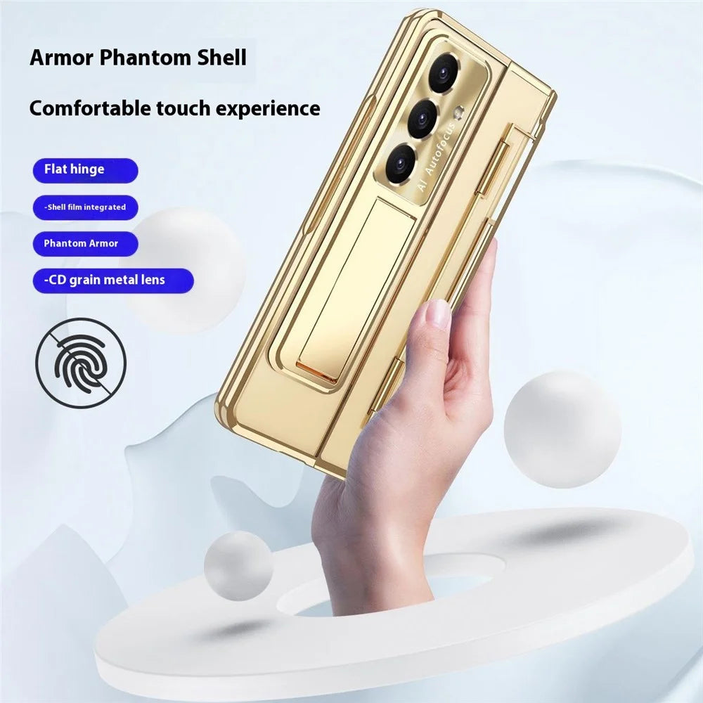 For Samsung Galaxy Z Fold7 5G Case Kickstand Hard PC Phone Cover with Screen Film / Stylus - Champagne Gold - 3