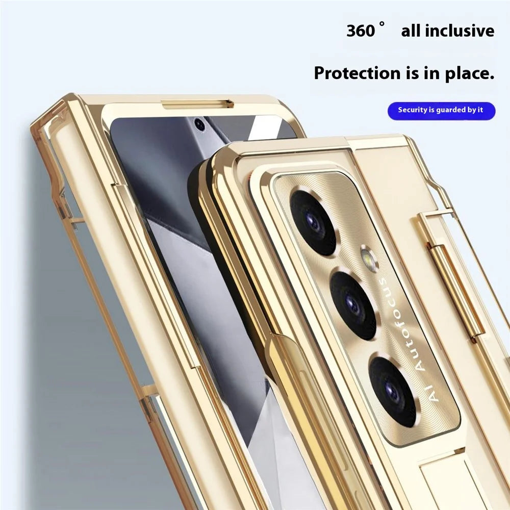 For Samsung Galaxy Z Fold7 5G Case Kickstand Hard PC Phone Cover with Screen Film / Stylus - Champagne Gold - 5