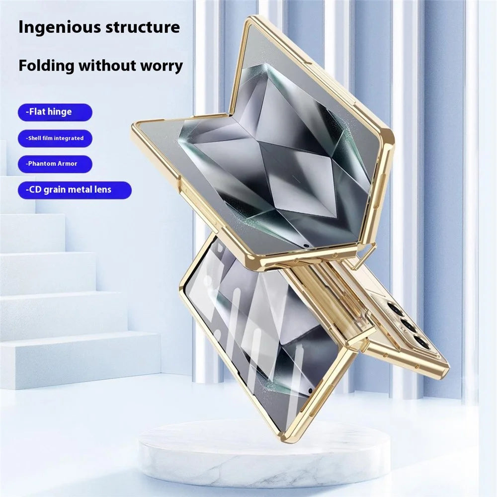 For Samsung Galaxy Z Fold7 5G Case Kickstand Hard PC Phone Cover with Screen Film / Stylus - Champagne Gold - 6