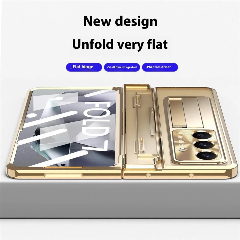 For Samsung Galaxy Z Fold7 5G Case Kickstand Hard PC Phone Cover with Screen Film / Stylus - Champagne Gold - 7