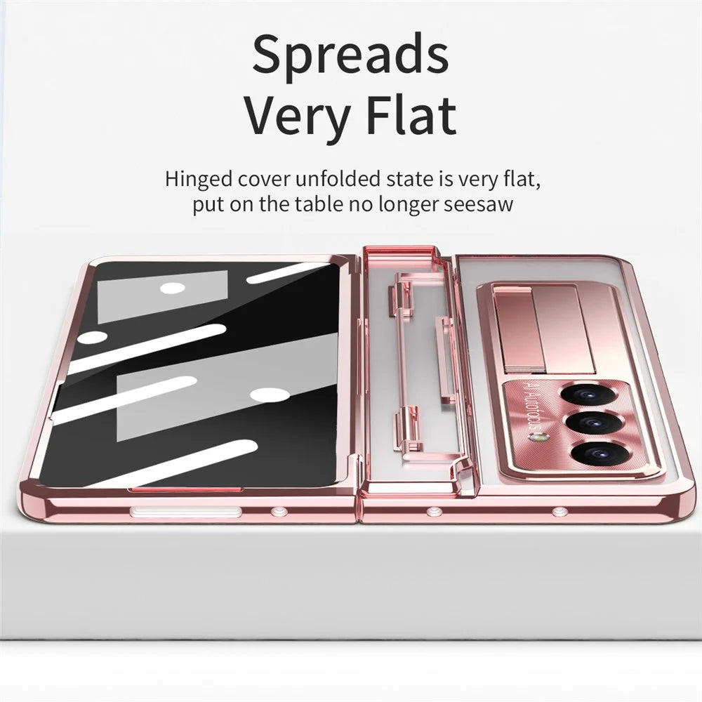 For Samsung Galaxy Z Fold7 5G Case Kickstand Hard PC Phone Cover with Screen Film - Rose Gold - 6