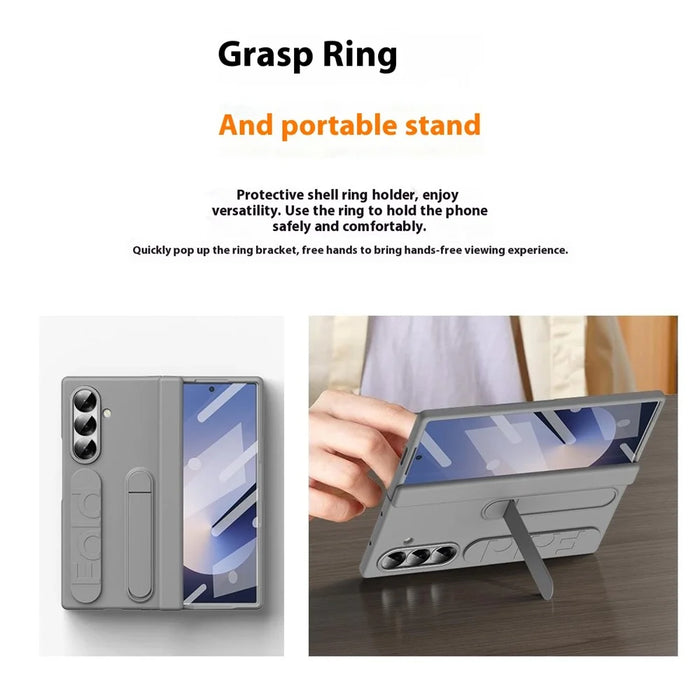 For Samsung Galaxy Z Fold7 5G Case Kickstand Wristband Hard PC Phone Cover with Pen Slot / Stylus - Grey - 5
