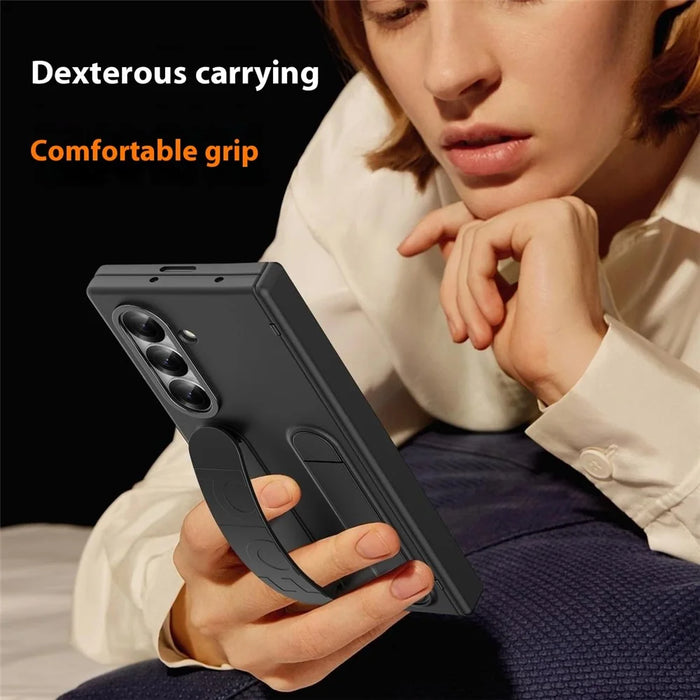 For Samsung Galaxy Z Fold7 5G Case Kickstand Wristband Hard PC Phone Cover with Pen Slot / Stylus - Grey - 6
