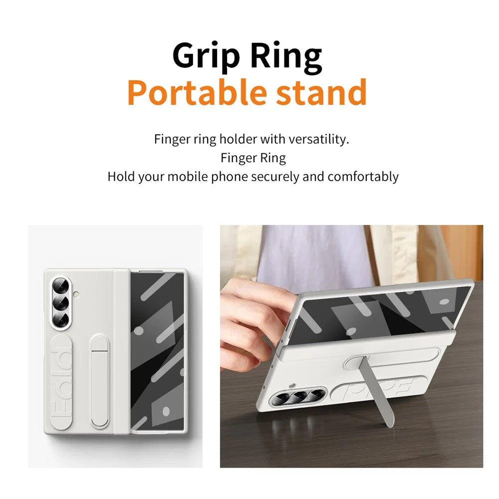 For Samsung Galaxy Z Fold7 5G Kickstand Case Hard PC Phone Cover with Silicone Wristband and Tempered Glass Film - White - 6