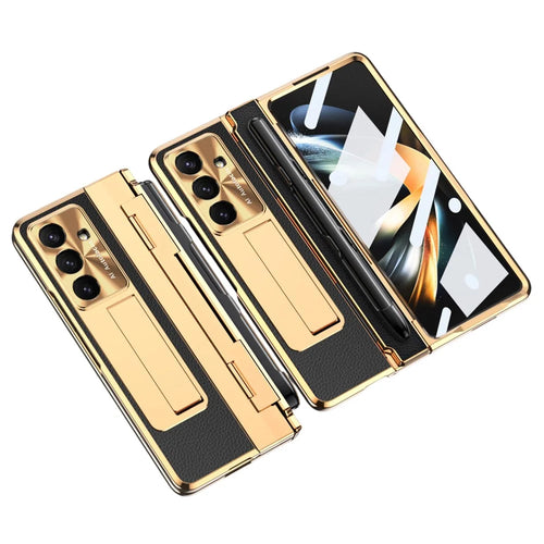For Samsung Galaxy Z Fold7 5G Case Kickstand Leather + PC Phone Cover with Tempered Glass Film / Stylus - Gold + Black - 1
