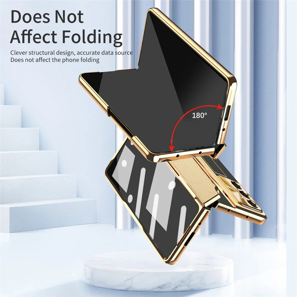 For Samsung Galaxy Z Fold7 5G Case Kickstand Leather + PC Phone Cover with Tempered Glass Film / Stylus - Gold + Black - 2