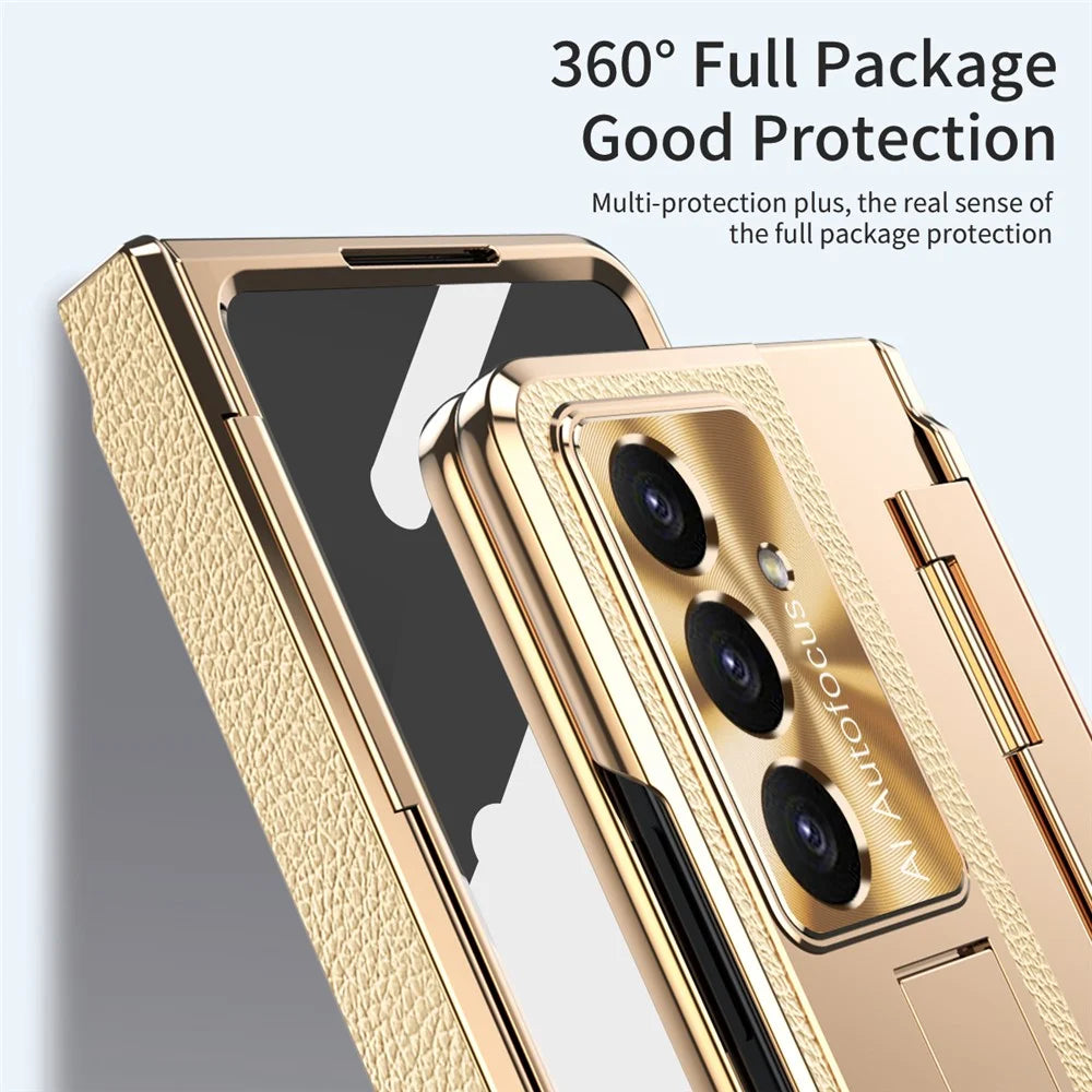 For Samsung Galaxy Z Fold7 5G Case Kickstand Leather + PC Phone Cover with Tempered Glass Film / Stylus - Gold + Black - 3