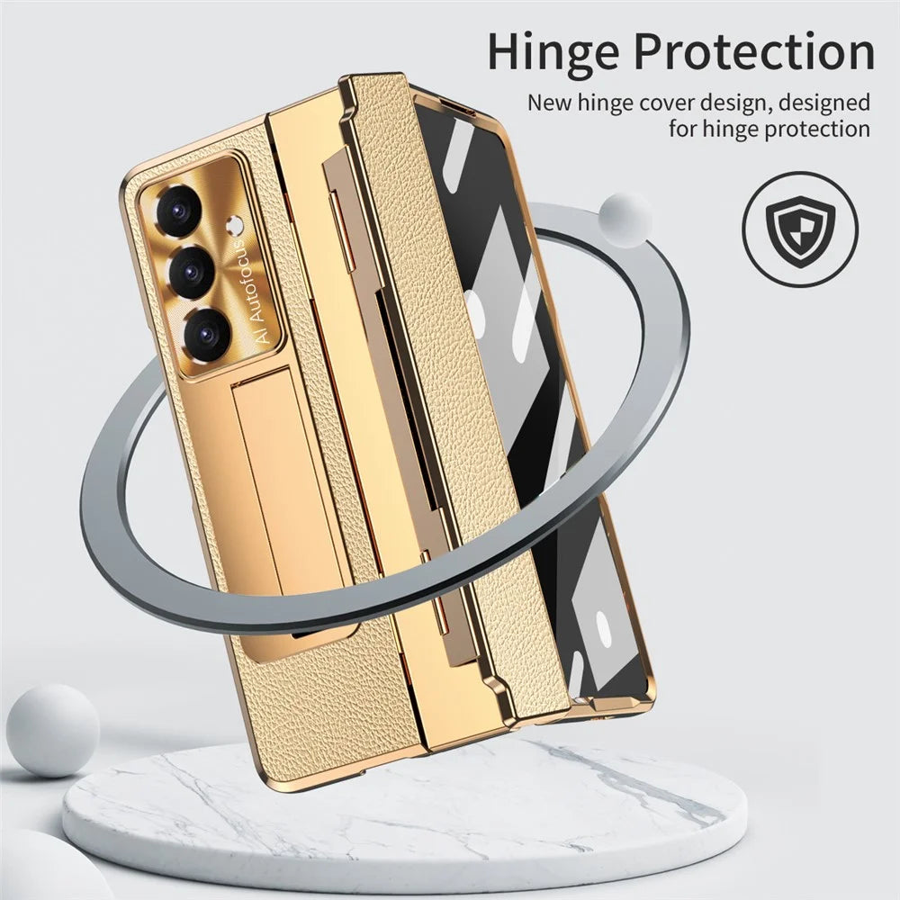 For Samsung Galaxy Z Fold7 5G Case Kickstand Leather + PC Phone Cover with Tempered Glass Film / Stylus - Gold + Black - 4